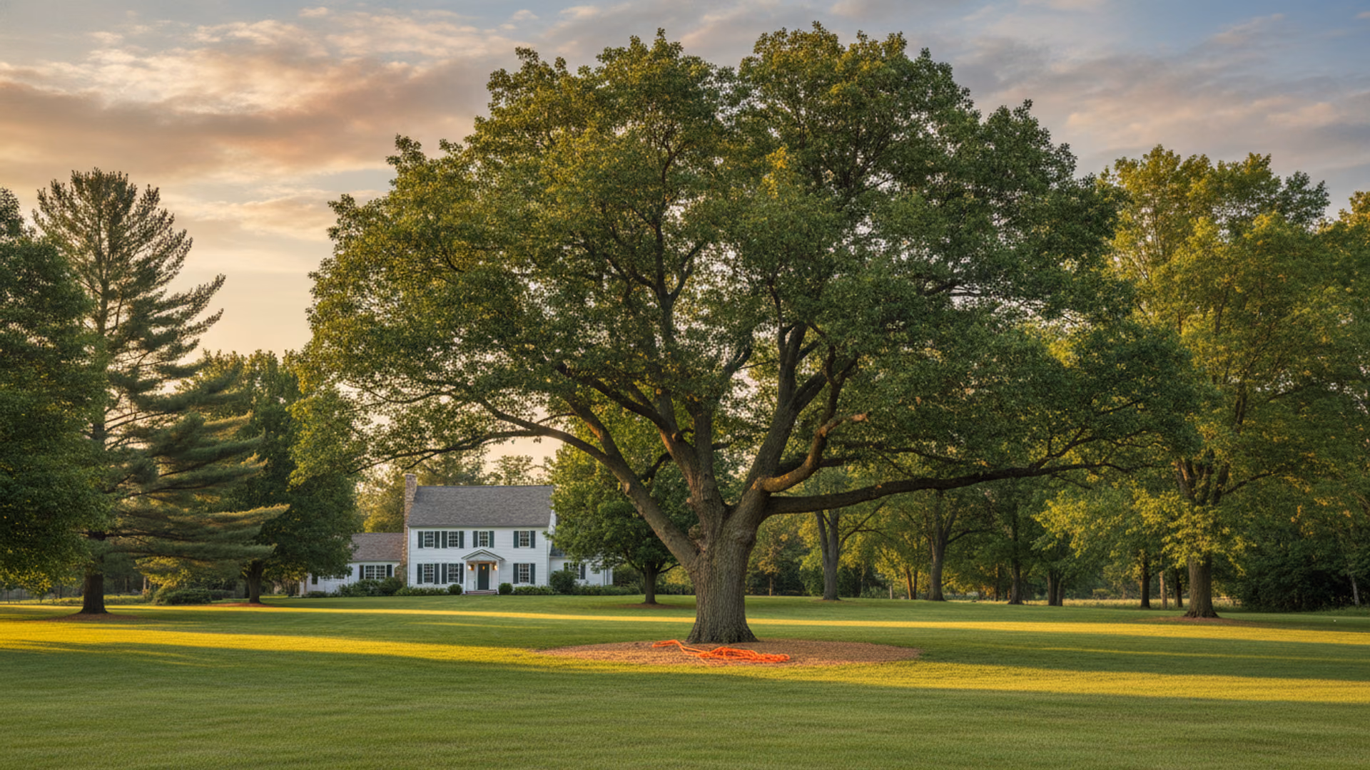 Well-maintained rural Michigan yard beneath the clean, balanced canopy of a mature oak