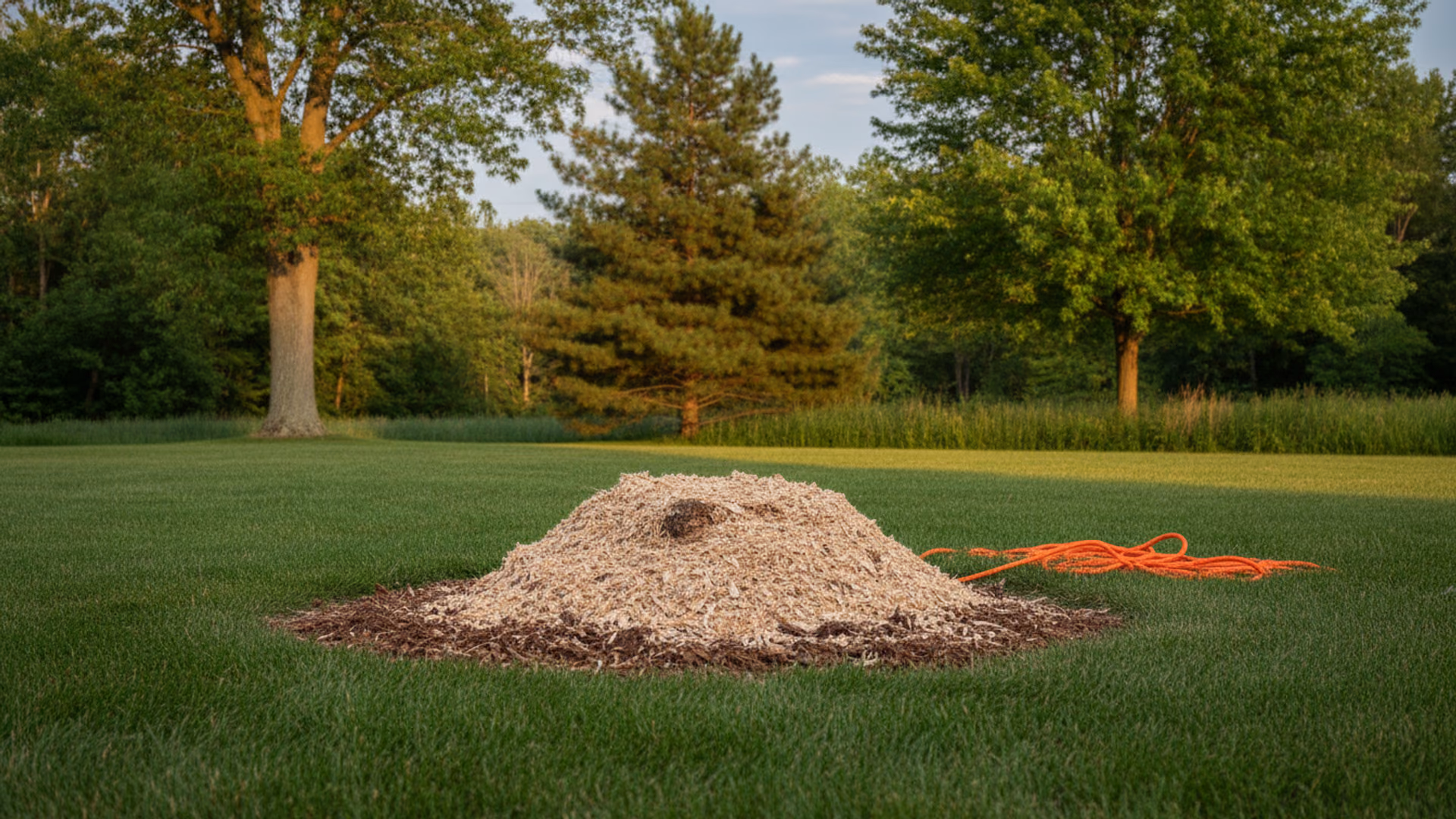 Fresh mound of pale stump grindings filling a neat below-grade hollow in a lawn