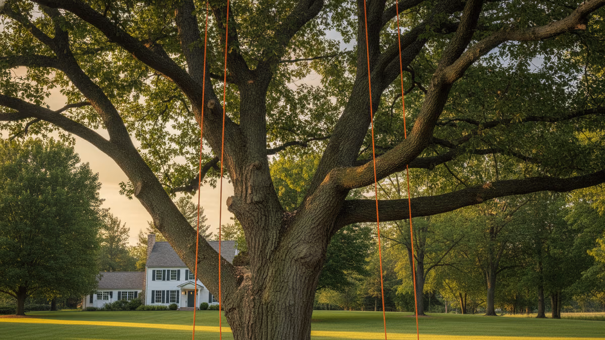 Orange rigging lines running up through a mature hardwood canopy