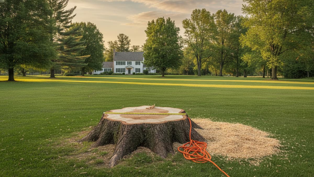 Fresh stump grindings beside a measuring tape stretched across a wide stump