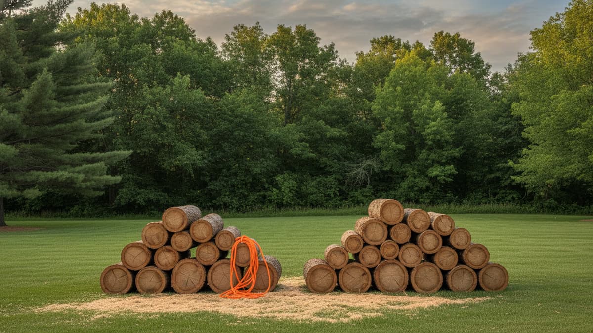 Stacked cut hardwood rounds and a coiled rigging rope staged on a lawn