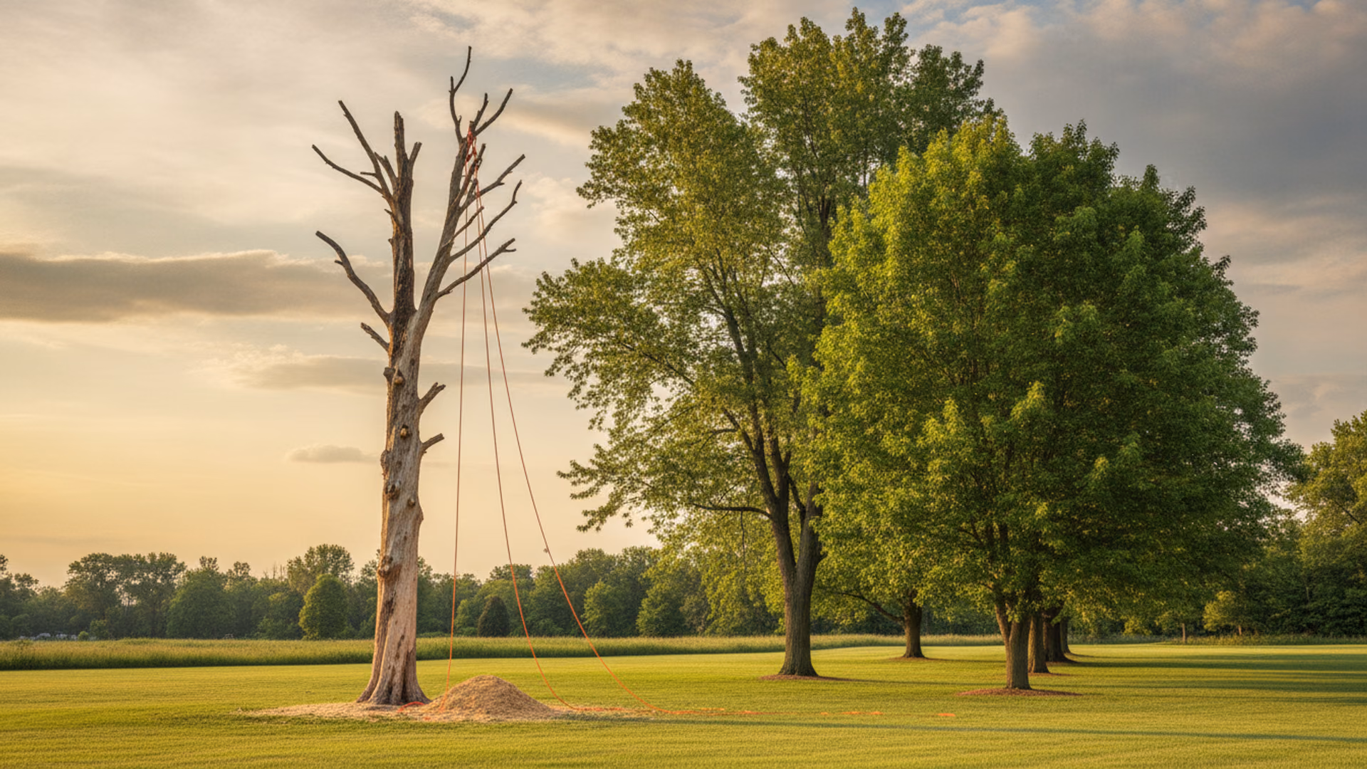 Bare-branched dead ash standing beside healthy green canopy on a rural lot