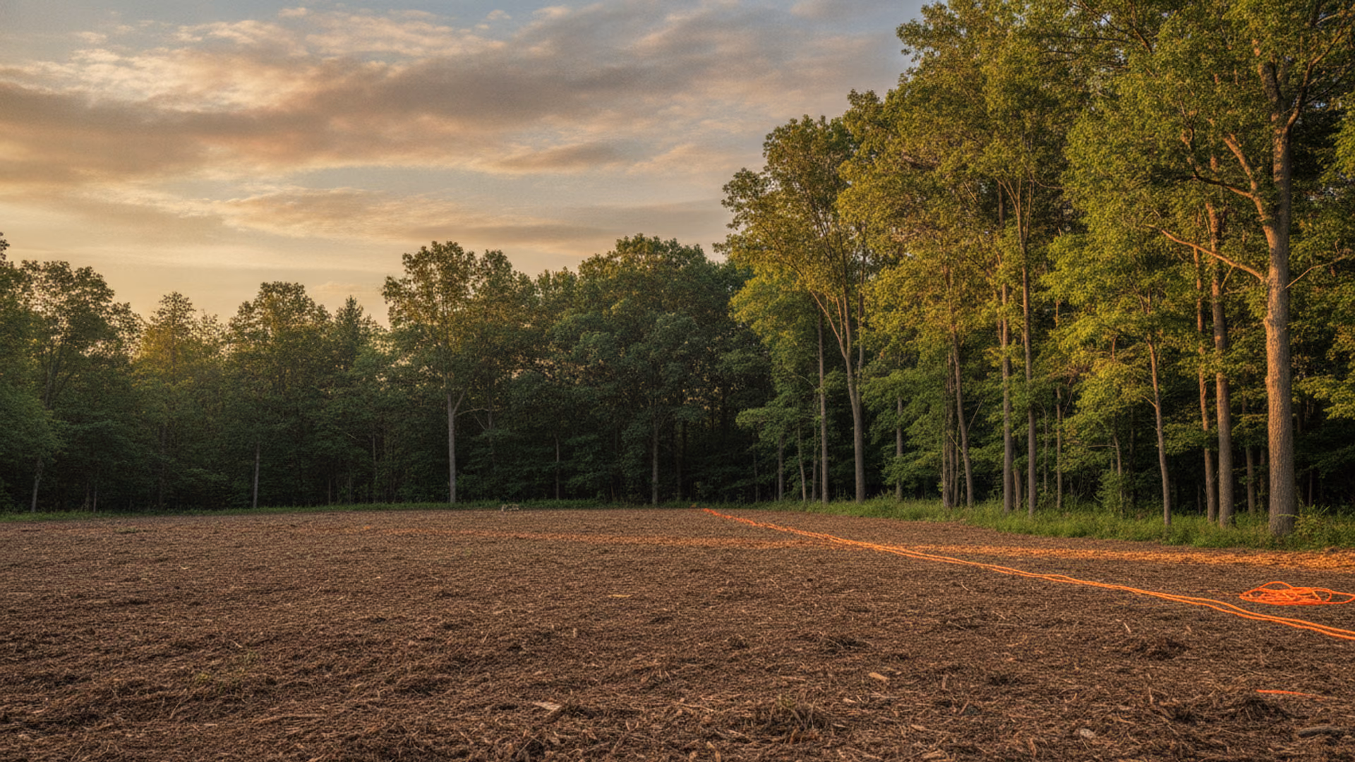 Cleanly cleared lot edge where mulched ground meets a preserved hardwood tree line