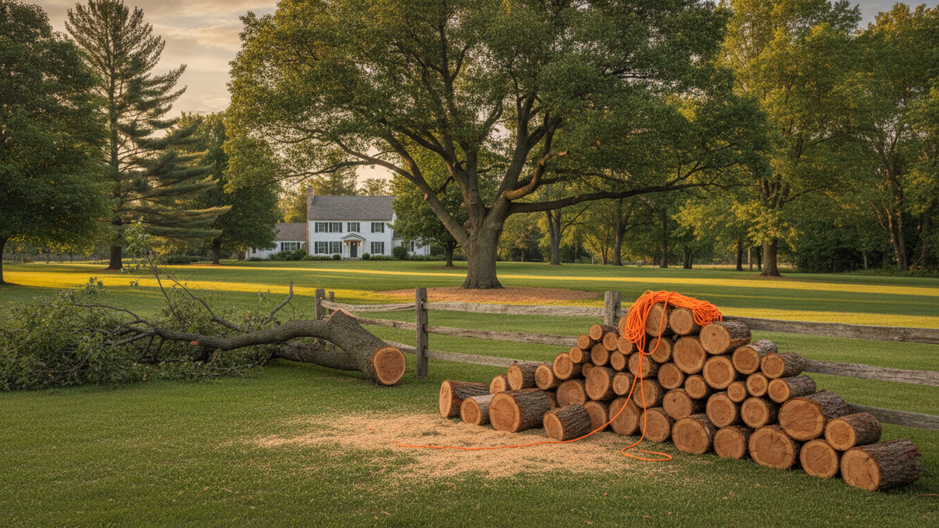 Large fallen limb bucked into clean rounds stacked beside an unharmed fence as storm clouds clear