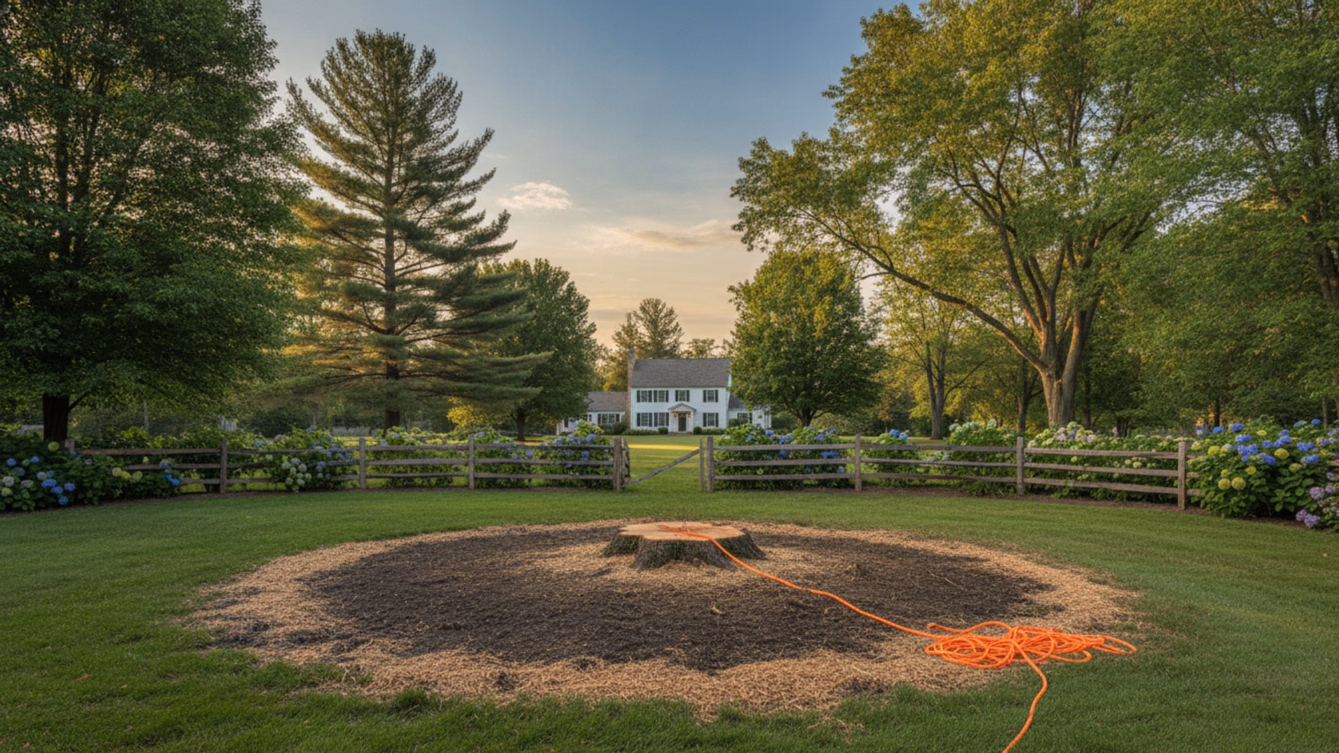 Ground-flush fresh stump surrounded by raked earth and a tidy wood-chip ring